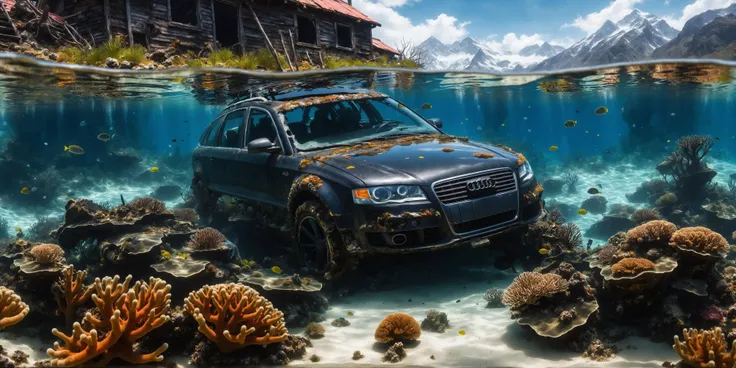 HDR, high resolution, extreme detail, (audi a4 8k) submerged under water with scatches and broken glass and flat tire standing for some years getting rusted and half overgrown with corals,(half withered:1.2),horizontal waterline with mountain in background like looking into a aquarium,broken glas,(scratches:1.1),painting,photo,extreme detail,blue,algea,car focus,underwater,coral reef,from side,winter mountains,from_below,full_shot,european landscape,rust,broken axes,(<lora:RMSDXL_Enhance:0.9>),<lora:Dystopia:0.4>,clear strong waterline,. award-winning,professional,highly detailed,black lacquer,black silver rims,(corals on the roof:1.2),(shattered discs:1.2),<lora:add-detail-xl:0.8>,