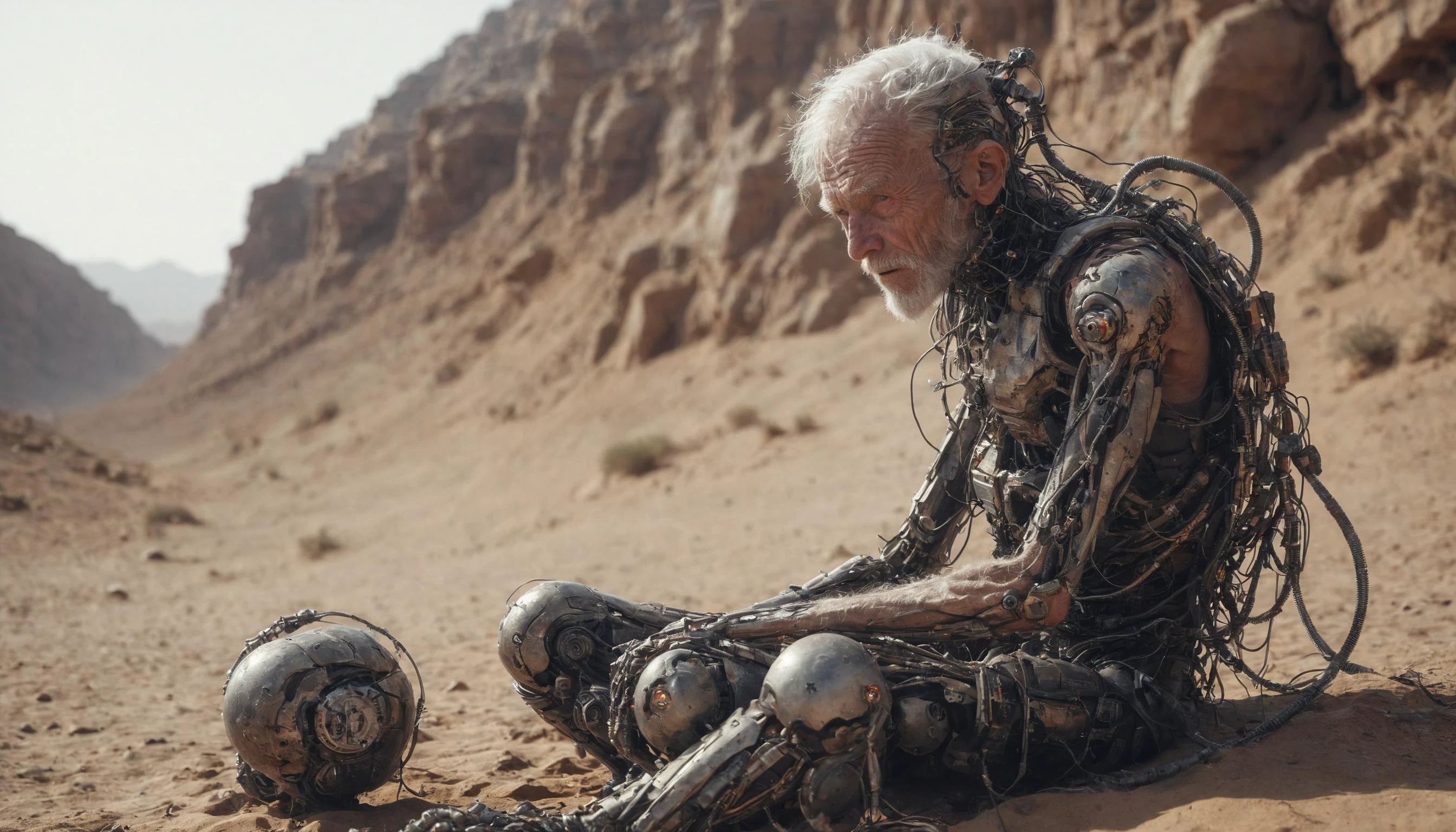 cinematic photo, medium body shot, dystopic image of a one old man cyborg sitting in the desert, <lora:Dystopia:0.6>, 35mm photograph, film, bokeh, professional, 4k, highly detailed, hands with five fingers