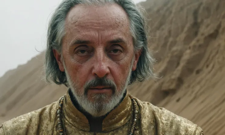 cinematic photo, medium body shot, dystopic image of an ancient magician in beautiful gold-embroidered robes in the desert after a sandstorm, <lora:Dystopia:0.6>, 35mm photograph, film, bokeh, professional, 4k, highly detailed