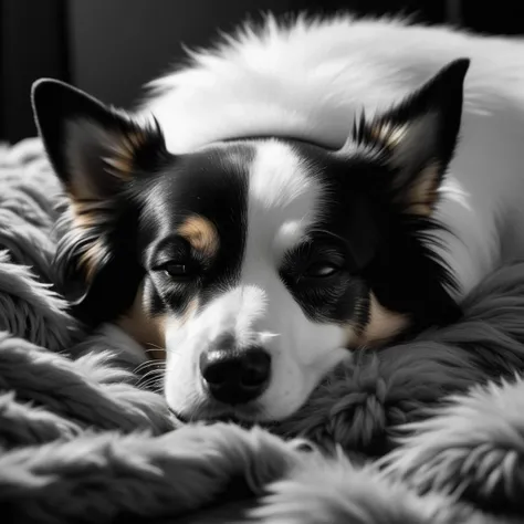 a black and white portrait of a dog sleep on the furry balnket, photorealoistic, 8k uhd, bestres, close up view