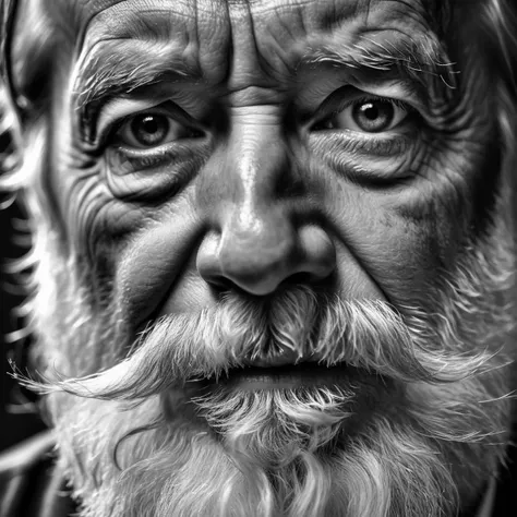 a black and white portrait of an old beard man with joy, photorealoistic, 8k uhd, bestres, close up view