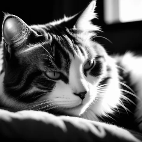 a black and white portrait of a cat sleep on the furry balnket, photorealoistic, 8k uhd, bestres, close up view