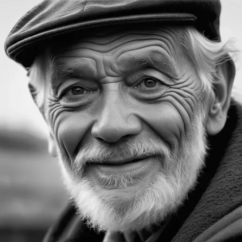 a black and white portrait of an old man with joy, photorealoistic, 8k uhd, bestres, close up view