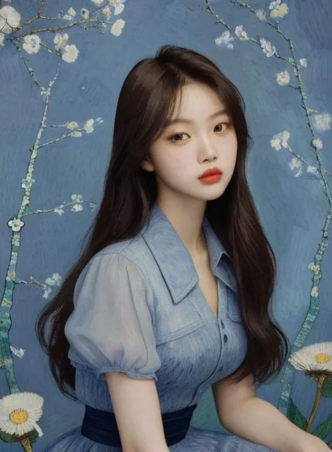 Crystal Liu in style van Gogh, romatic, classic, ancient epic, blue navy long hair, (brown eyes)