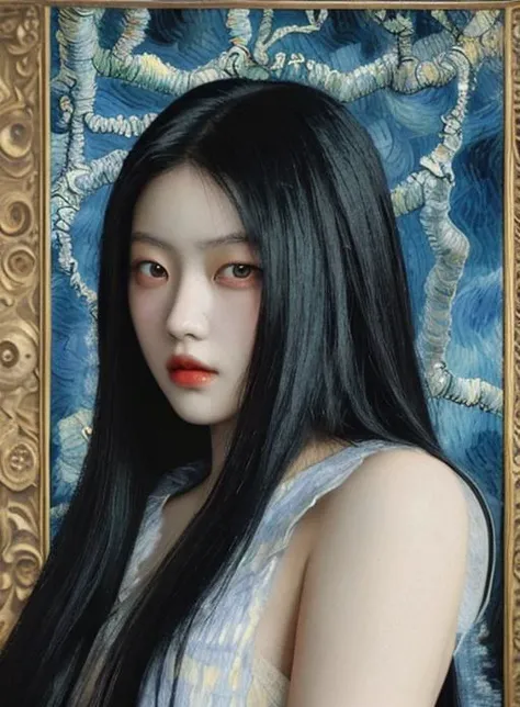 Crystal Liu in style van Gogh, romatic, classic, ancient epic, black long hair, (red eyes)