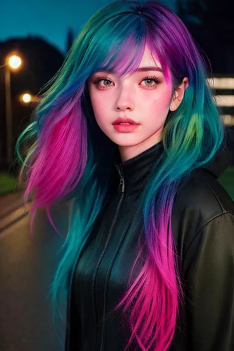 color hair, night, <lora:hair-v3:0.7>, <lora:LowRA:0.5>