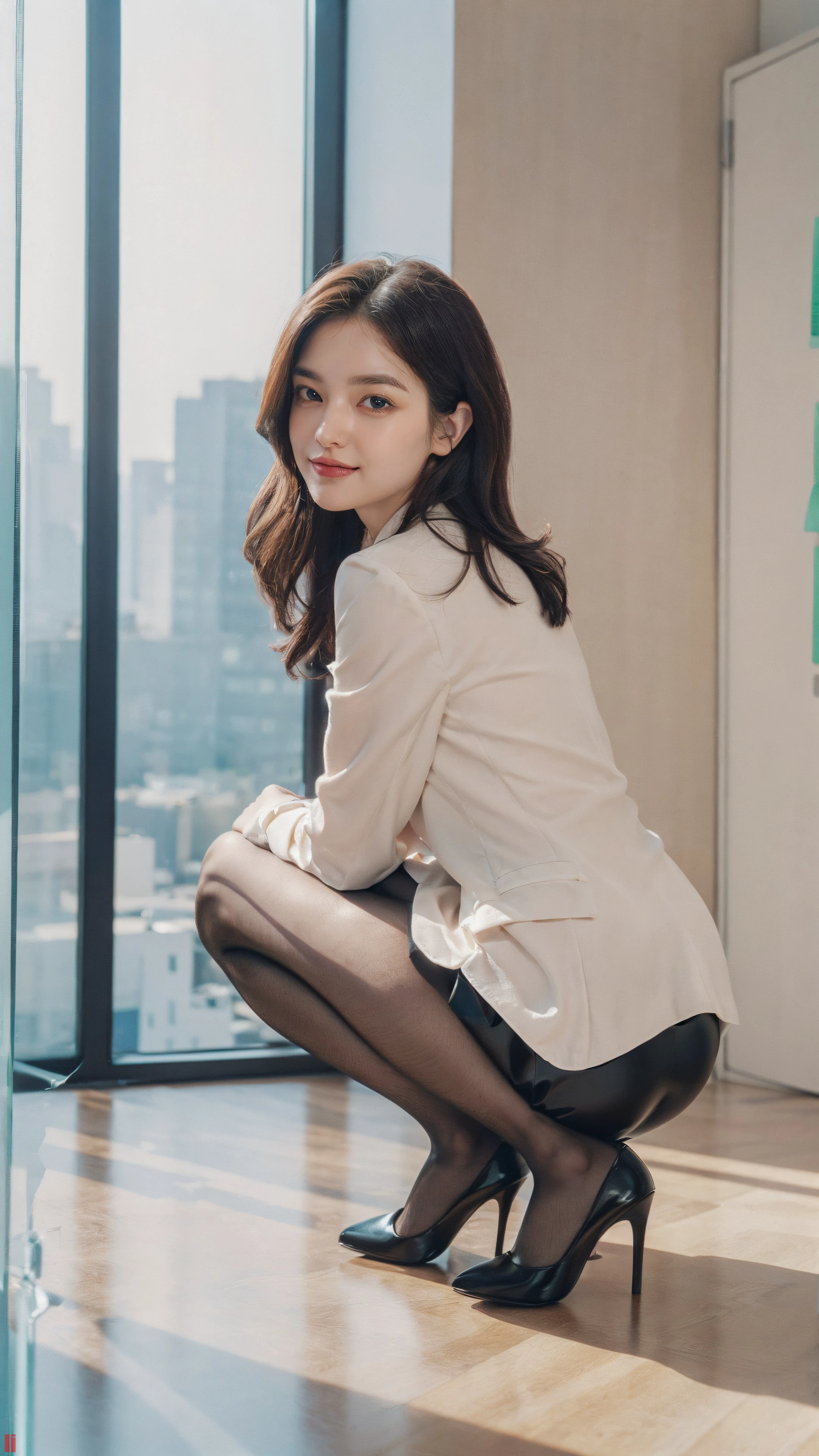 (luxury_office_space:1.4),
layered hair,((very little smile face)),chocolate hair, silver eyes, large_pupil, (pale_Face:1.1),
(full_body:1.3),
formal_office_suit, micro_pencol_skirt, pantyhose, highheel_pumps,
squatting, spread_legs, (from_below:1.4), (hands_behind_head:1.3),
glassy translucence, vibrant illustrations, ultra realistic,
wide angle, 8k, HDR, professional photoshoot, high quality photo, realistic photo, realistic shadows, detailed shadows, realistic proportions,film grain, raw photo,(front),(realistic, realistic_background, high_resolution, distinct_image:1.2), (extremely intricate, detailed light, detailed shadow:1.1), (F4, 1/800s, ISO 100, RAW),photo-realistic,
<lora:FilmG2:0.5> <lora:Pussy_Alicia_v01:0.5> <lora:3DMM_V12:0.5><hypernet:negative_hand-neg:1.0> <lora:GoodHands-vanilla:1>