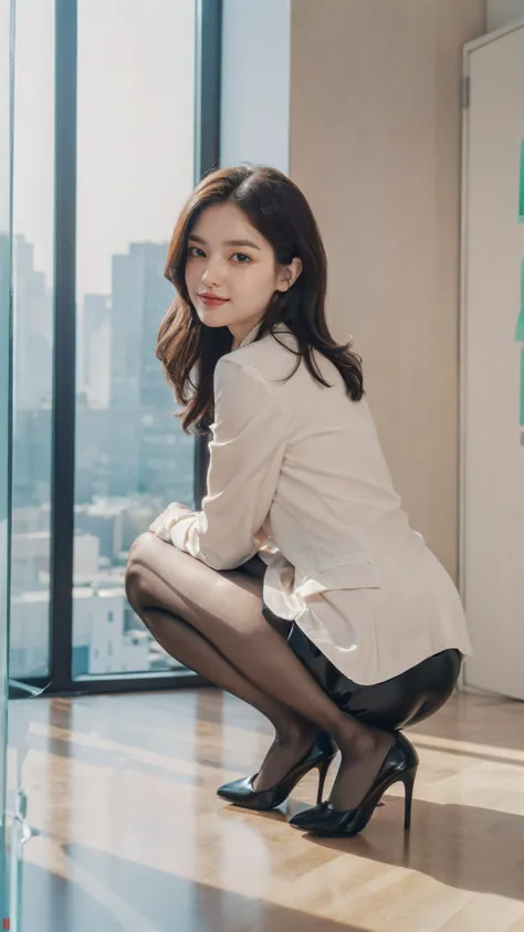 (luxury_office_space:1.4), 
layered hair,((very little smile face)),chocolate hair, silver eyes, large_pupil, (pale_Face:1.1),
(full_body:1.3),
formal_office_suit, micro_pencol_skirt, pantyhose, highheel_pumps,
squatting, spread_legs, (from_below:1.4), (hands_behind_head:1.3),
glassy translucence, vibrant illustrations, ultra realistic,
wide angle, 8k, HDR, professional photoshoot, high quality photo, realistic photo, realistic shadows, detailed shadows, realistic proportions,film grain, raw photo,(front),(realistic, realistic_background, high_resolution, distinct_image:1.2), (extremely intricate, detailed light, detailed shadow:1.1), (F4, 1/800s, ISO 100, RAW),photo-realistic,
<lora:FilmG2:0.5> <lora:Pussy_Alicia_v01:0.5> <lora:3DMM_V12:0.5><hypernet:negative_hand-neg:1.0> <lora:GoodHands-vanilla:1>