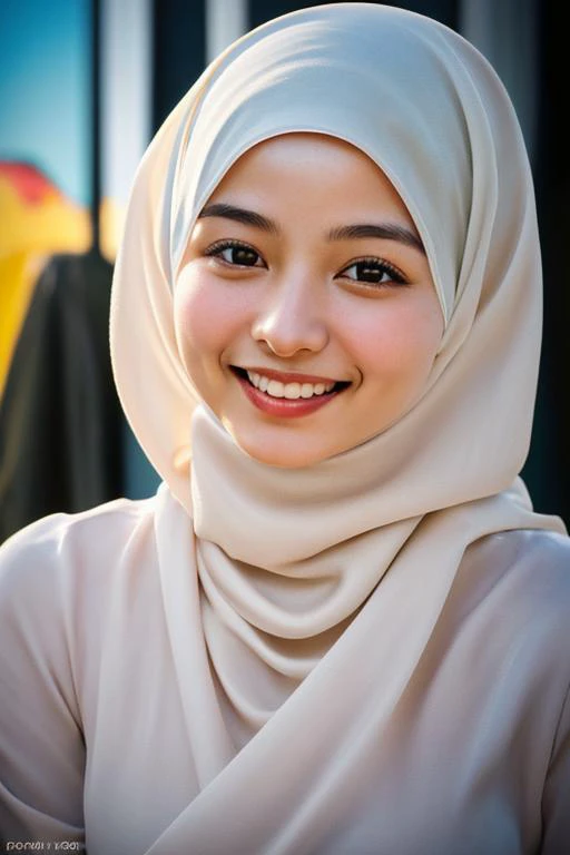 Best quality, masterpiece, ultra high res, (photorealistic:1.4), raw photo, realistic lighting, 1girl, seductive smile, hijab long silk, <lora:blouse_satin:0.4> in hollywood, soft focus,
