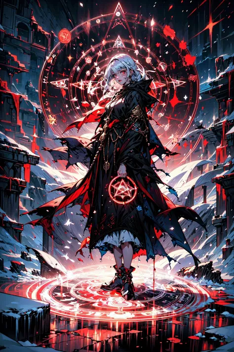 (masterpiece, best quality, detailed, high definition, vibrant colors), red theme, dark fantasy, dramatic, grim, bleak, full body, (priestess), standing, hood up, white hair, white robe, torn clothes, blood ritual, (magic circle), overflowing energy, (blood), outdoors, nighttime, snow, blizzard, clouds, mountains, rocks, winter <lora:magic circle_v2.0:0.6>