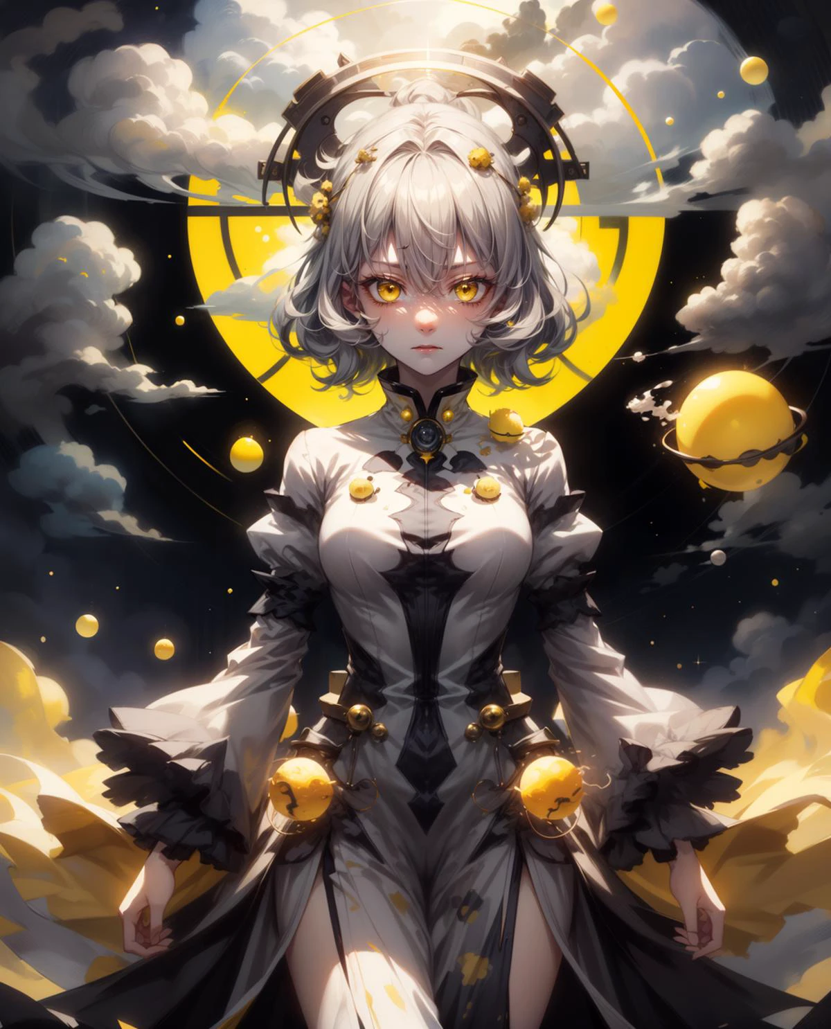 ultra high res, best quality, masterpiece, extremely detailed face, perfect lighting, drawn style, anime drawing, 1girl, yellow eyes, gray hair, gray dress, (full-length:1.5), levitates, puffs of steam, steam, evaporation, clouds, goddess, halo, space, gray planets, star, <lora:Dreamwave v3:0.6>, (gray:1.5), (yellow:1.5), <lora:magic circle_v2.0:0.1>, magic, (hatred:1.5)
