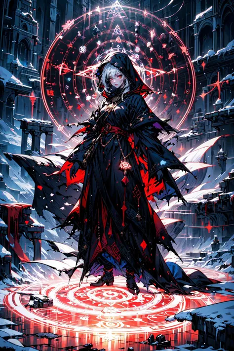 (masterpiece, best quality, detailed, high definition, vibrant colors), red theme, dark fantasy, dramatic, grim, bleak, full body, (priestess), standing, hood up, white hair, white robe, torn clothes, blood ritual, (magic circle), overflowing energy, (blood), outdoors, nighttime, snow, blizzard, clouds, mountains, rocks, winter <lora:magic circle_v2.0:0.6>