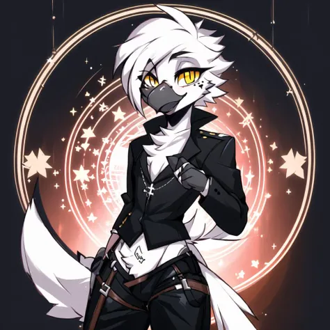 <lora:magic circle:0.8>, magic circle, (by zackary911, by jarnqk, (by waspsalad:1.2)), <lora:Anthro-Birds-v3.2.2-no_offset:1>Anthro, Avian, Bird, Beak,Emo, (twink), Punk Rock Clothing, Pants, Black Jacket, Paws, Yellow Eyes, (Black Gray and White fur:1.2), White Hair, Black Highlights in hair, (Small Cross Tattoo Under Right Eye:1.1), Detailed Fur, (Tail Feathers:1.3), Perfect Anatomy