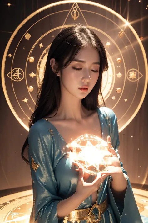 <lora:magic circle_v2.0:0.6>, magic circle, best quality, masterpiece, illustration, (realistic, photo-realistic:1.37), amazing, finely detail, incredibly absurdres, huge filesize, ultra-detailed, highres, extremely detailed CG unity 8k wallpaper, ray tracing, nsfw, 1girl, medium breasts, A beautiful young woman with Korean-style facial features resembling a popular actress lies in the center of a circle of glowing magic. The circles are swirling and shifting, and the woman is surrounded by a bright light. She is wearing makeup and a revealing magic robe, and her eyes are closed as she absorbs the energy of the circle.