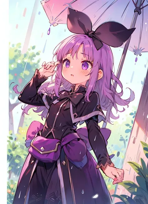1girl,black bow,purple hair,long hair,<lora:coopa2023082964:1>,rain,on back