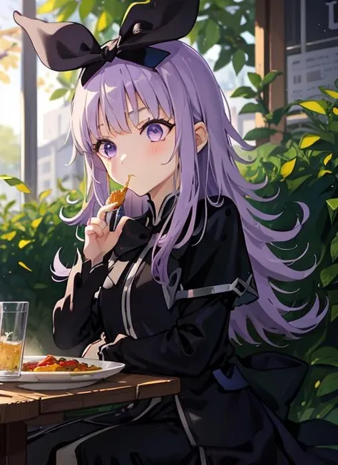 1girl,black bow,purple hair,long hair,<lora:coopa2023082964:1>,eating