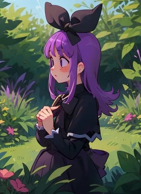 1girl,black bow,purple hair,long hair,<lora:coopa2023082964:1>,garden