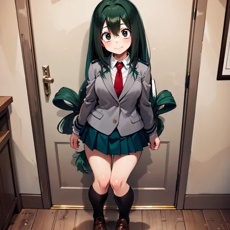 ((best quality)), ((highly detailed)), masterpiece, absurdres, (detailed eyes, deep eyes), (1girl), straight-on, full body, very wide shot, <lora:TsuyuAsui_Idk:.9>, tsuyu, ((green hair)), very long hair, (black eyes, :>:1.2), medium breasts, smiling, , u.a. school uniform, grey jacket, red tie, green skirt, black socks, brown loafers, (indoors, in an entryway)