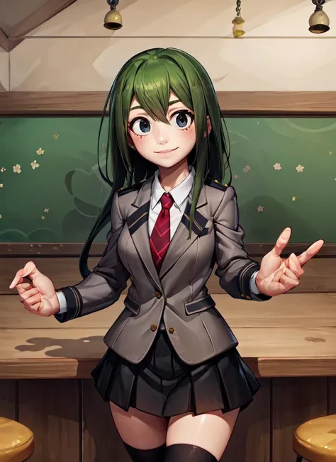 ((best quality)), ((highly detailed)), , <lora:more_details:.5>, (1girl), dynamic pose, upper body, ((schoolgirl uniform)), <lora:TsuyuAsui_Idk:.8>, tsuyu, ((green hair)), very long hair, (black eyes, :>:1.2), medium breasts, smiling, , u.a. school uniform, grey jacket, red tie, green skirt, black socks, brown loafers, (indoors, in a bar, bar tender outfit), <lora:Labros_Panousis_style:.5>, Labros_Panousis_style_lora_by_niolas