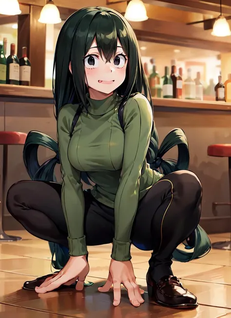 ((best quality)), ((highly detailed)), masterpiece, absurdres, extremely detailed face, beautiful face, (detailed eyes, deep eyes), (1girl), dynamic angle, dynamic pose, full body}, <lora:TsuyuAsui_Idk:.9>, tsuyu, ((green hair)), very long hair, (black eyes, :>:1.2), medium breasts, smiling, (tongue out, , squatting, arms between legs, green ((sweater)), long sleeves, black sweatpants, black shoes, (indoors, at a bar, waitress outfit)