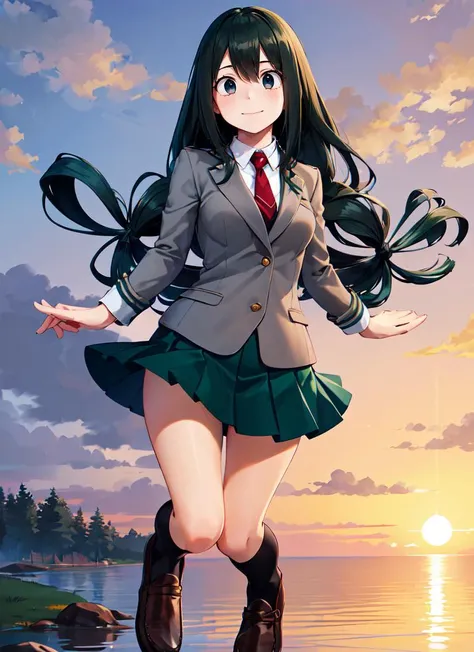 ((best quality)), ((highly detailed)), masterpiece, absurdres, detailed face, beautiful face, (detailed eyes, deep eyes), (1girl), dynamic pose, full body}, <lora:TsuyuAsui_Idk:.8>, tsuyu, green hair, very long hair, low-tied long hair, (black eyes, :>:1.2), medium breasts, smiling, , u.a. school uniform, grey jacket, red tie, green skirt, black socks, brown loafers, (outdoors, on a floating island, sunset)