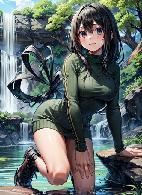 Tsuyu from boku no hero, showing perfect ass, half naked, full body, forest background, showing tongue, long hair. Wallpaper.