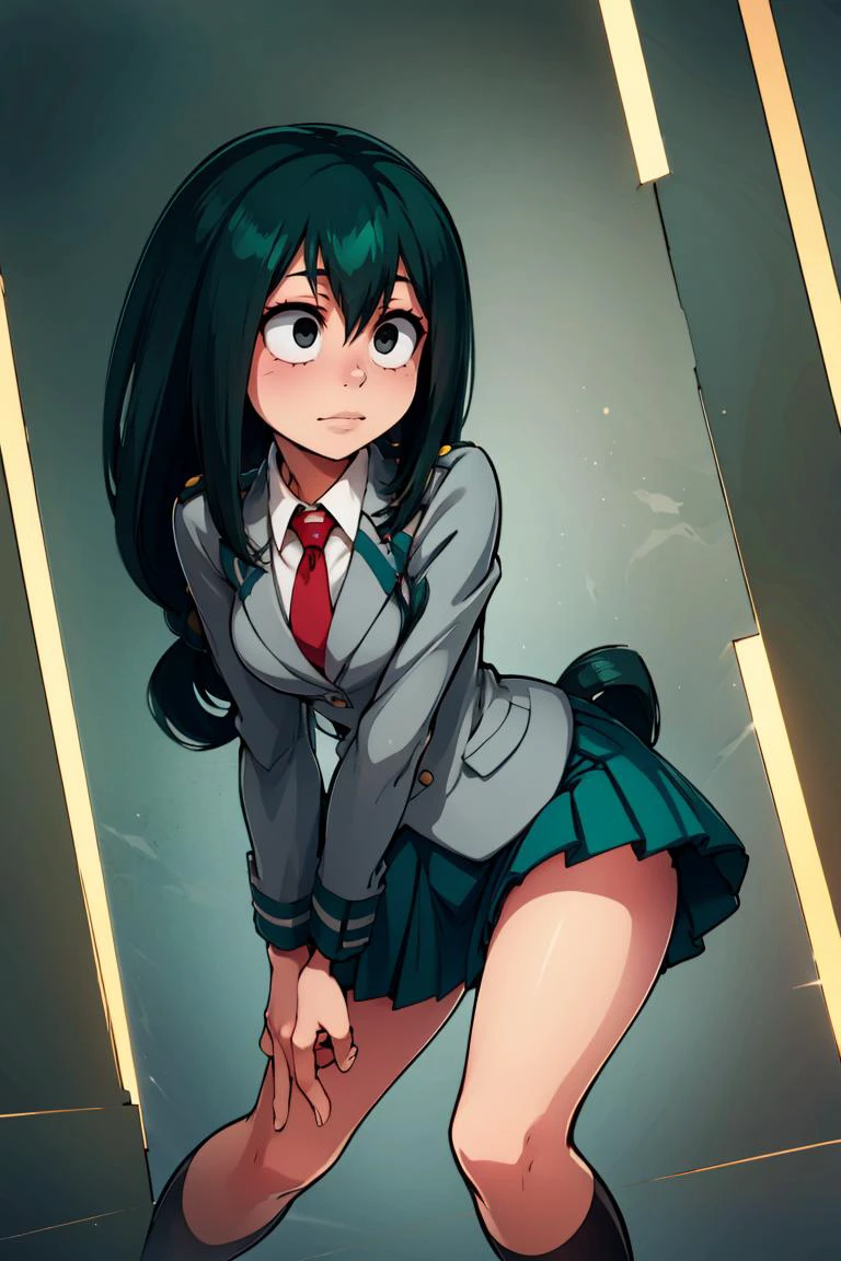 ((masterpiece, best quality)), <lora:TsuyuAnime:0.8>, solo, tsuyu, (black eyes, :>:1.2), u.a. school uniform, green skirt, grey jacket, red tie,