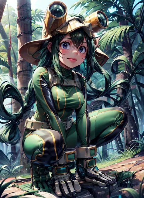 ((best quality)), ((highly detailed)), masterpiece, absurdres, detailed face, beautiful face, (detailed eyes, deep eyes), <lora:more_details:.5>, (1girl), depth of field, cowboy shot}, <lora:TsuyuAsui_Idk:.8>, tsuyu, ((green hair)), very long hair, (black eyes, :>:1.2), medium breasts, smiling, (tongue out, , squatting, arms between legs, ((green bodysuit)), superhero, skin tight, latex, covered nipples, camel toe, goggles on head, white belt, yellow gloves, thigh boots, (outdoors, in a rainforest, jungle canopy, morning, sunrise)