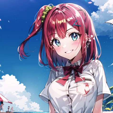 high quality, best quality, masterpiece, absurdres, sakimiya iruka, uniform, 1girl, <lora:iruka:0.75>, solo, smile, beach, sunny, blush, (one_side_up)