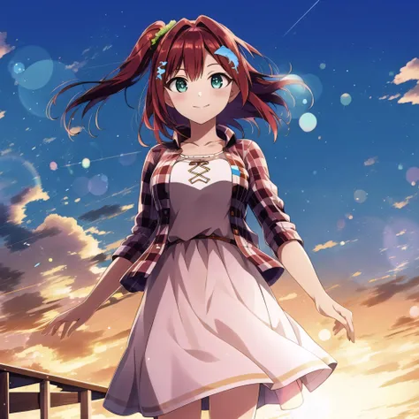 (high quality, best quality), sakimiya iruka, casual, <lyco:dolphin-000007:0.75>, 1girl, solo, rooftop, smile, blush, hair_clip, jacket, dress, sunset, lens_flare