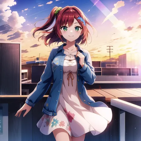 (high quality, best quality), sakimiya iruka, casual, <lyco:dolphin-000007:0.75>, 1girl, solo, rooftop, smile, blush, hair_clip, jacket, dress, sunset, lens_flare