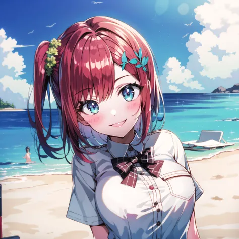 high quality, best quality, masterpiece, absurdres, sakimiya iruka, uniform, 1girl, <lora:iruka:0.75>, solo, smile, beach, sunny, blush, one_side_up