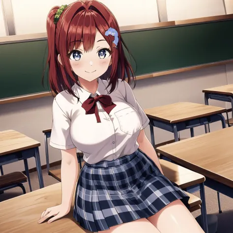 (high quality, best quality), sakimiya iruka, uniform, <lyco:dolphin-000010:0.75>, 1girl, solo, classroom, smile, blush, sitting, on_desk