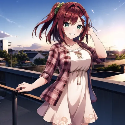 (high quality, best quality), sakimiya iruka, casual, <lyco:dolphin-000010:0.75>, 1girl, solo, rooftop, smile, blush, sunset, jacket, dress