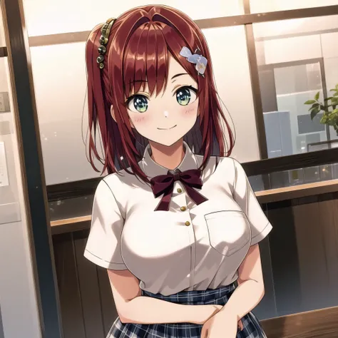 (high quality, best quality), sakimiya iruka, uniform, <lyco:dolphin-000010:0.75>, 1girl, solo, cafe, smile, blush, indoors