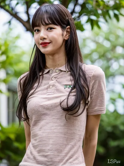 japanese,(Best quality, 8k, 32k, Masterpiece, UHD:1.2),ultra high res,highly detail face,very cute and beautiful womans,(small breasts),skinny,slender,spa,("polo shirts":1.2),solo,long black hair,realistic photo,lisa blackpink, happy,<lora:LisaBlackpinkBRAv2:0.8>