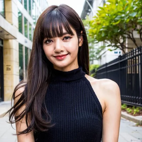 (best quality), (realistic, photo-realistic:1.3), (masterpiece:1.3), CG, unity, 8k, amazing, finely detail, ultra-detailed, highres, absurdres , (1 girls), solo, cute, (mature face), young, (((black long hair, bangs))), (closed mouth:1.2) , sweater dress, virgin killer sweater, clothing cutout, turtleneck, sleeveless, ((night, street)), cowboy shot, standing, smile, bare arms , extremely delicate and beautiful, extremely detailed, beautiful detailed girl, best shadow, extremely detailed eyes and face, beautiful detailed nose , beautiful detailed hand, beautiful delicate glossy lips:0.8, (glossy face and body skin), ((oily body skin)), ((dramatic light)),lisa blackpink,<lora:LisaBlackpinkBRAv2:0.9>