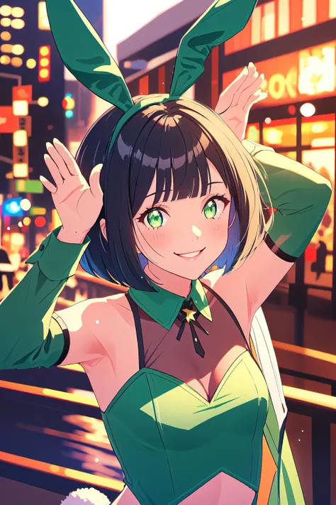 <lyco:BunnyPosev2-step00002500:1>, bunny pose, bpv1, fake animal ears, green bunny ears, 1girl, green leotard, city, black hair, smile, volumetric lighting, upper body, sparkling eyes, short hair, bob cut, blunt bangs