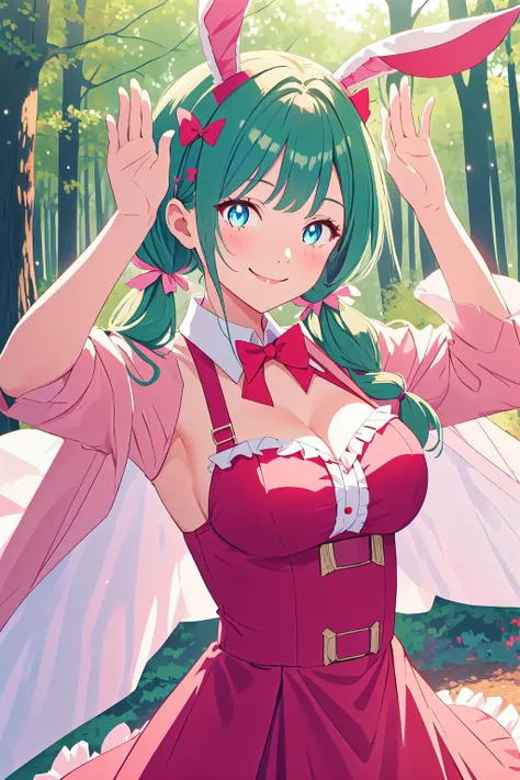 <lyco:BunnyPosev2-step00002500:1>, bunny pose, bpv1, blue eyes, fake animal ears, red bunny ears, 1girl, pink dress, frills, forest, green hair, smile, volumetric lighting, upper body, sparkling eyes, long hair, twintails, twin drills, large breasts