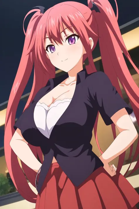 (Night:1.7), Japan, Tokyo, CityView, outdoors, 
Standing at attention,
black jacket, short sleeves,Red pleated skirt, cleavage, collarbone, 
<lora:Nena_Shoot_Beat-KK77-V1:0.7>,
pink hair,twintails, very long hair,purple eyes,
1 girl, 20yo,Young female,Beautiful Finger,Beautiful long legs,Beautiful body,Beautiful Nose,Beautiful character design, perfect eyes, perfect face,expressive eyes,
looking at viewer, in the center of the image,(Upper_body),(Focus on her face),evil smile, 
official art,extremely detailed CG unity 8k wallpaper, perfect lighting,Colorful, Bright_Front_face_Lighting,shiny skin, 
(masterpiece:1.0),(best_quality:1.0), ultra high res,4K,ultra-detailed,
photography, 8K, HDR, highres, absurdres:1.2, Kodak portra 400, film grain, blurry background, bokeh:1.2, lens flare, (vibrant_color:1.2)
(Beautiful,large_Breasts:1.4), (beautiful_face:1.5),(narrow_waist),