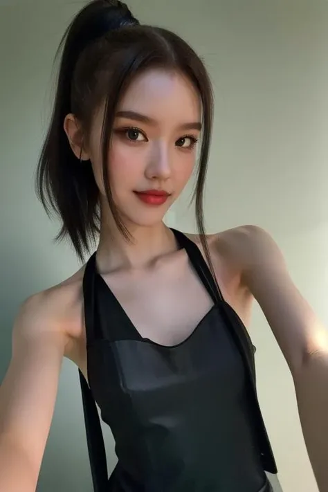 1girl,(masterpiece:1.2), (best quality:1.2), (extremely detailed), selfie from center front, (extremely detailed face), ultra-detailed eyes and pupils, (ultra detailed), 8k, photorealistic, pretty face, smile, instagram shot, instagram style, in the bedroom, looking at viewer, facing front, perfect skin, cinematic lighting, fair skin, black hair, high ponytail, black eyes, upper body, portrait photo, slim, slender, no makeup, nikon RAW photo, 8k ,Fujifilm XT3, photorealistic, armpits, detailed face, fair skin, perfect shape, slim face, indoors, dim lighting, (((black Silk Slip Dress))), (looking at viewer:1.2), <lora:chisalorashy:1>