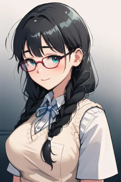 (masterpiece:1.2), best quality, high resolution, unity 8k wallpaper, (illustration), extremely detailed face, perfect lighting, extremely detailed CG, (beautiful detailed eyes:1.2), <lora:Megumi:0.6>, megumi, 1girl, solo, black hair, glasses, (twin braids), large breasts, aqua eyes, hair over shoulder, short sleeves, white shirt, standing, frontal view, looking at viewer, (yellow sweater vest), embarrased, blush, smile, upper body, closed mouth, <lora:vg:0.7>