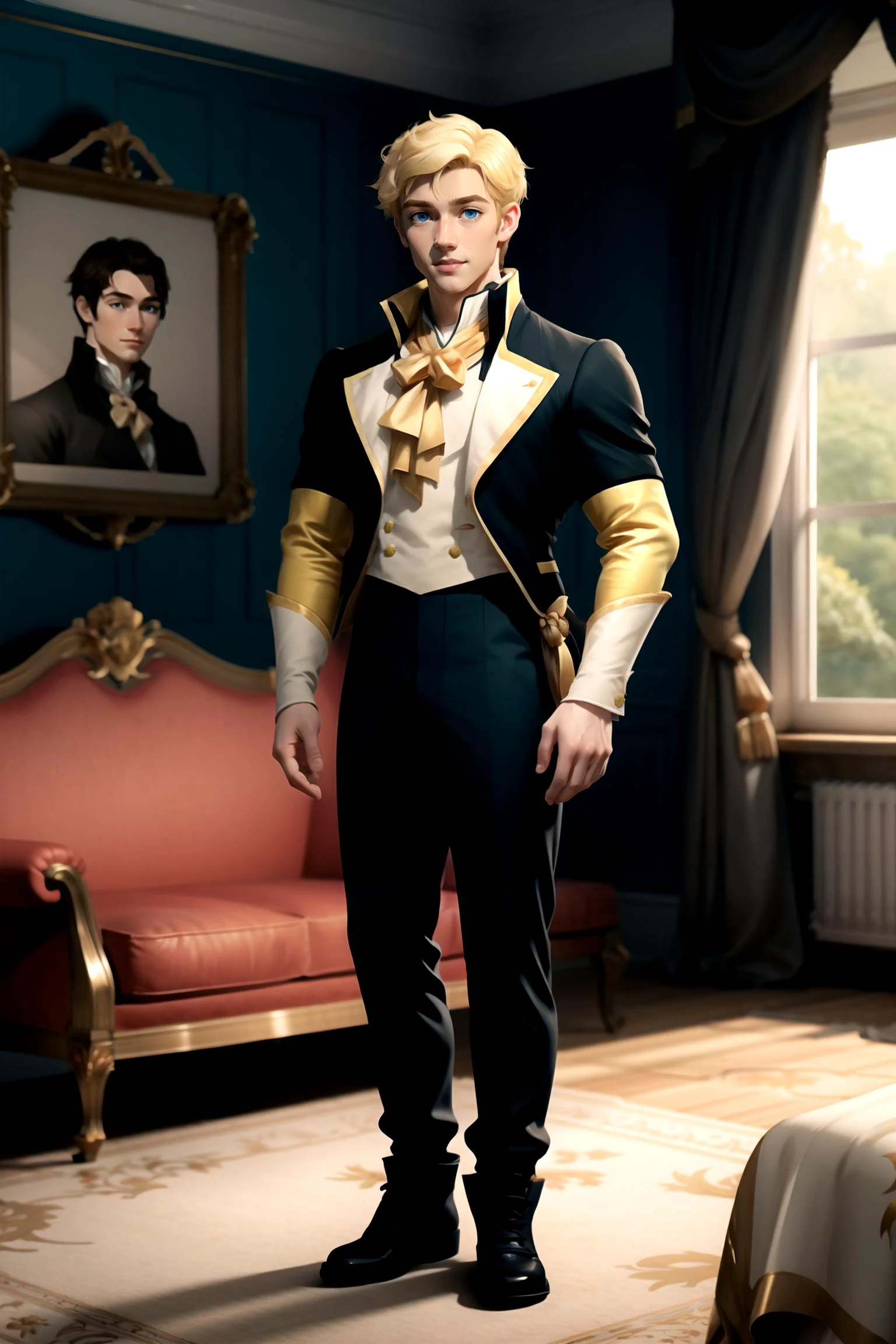 cartoon, picture-perfect, standing, 1boy, solo, full body, muscled, blonde hair, short hair, blue eyes, (rwbyjaune:1), (white:1.2) black and yellow with gold edging regency period suit, relaxed, confident, manor house, indoors, <lora:Regency_Period_SD1.5:0.8>, <lora:rwby_jaunearc:0.8>
muscular, toned,
indoors, sitting-room,