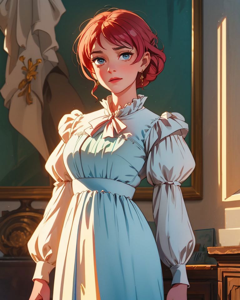 A woman in a dress standing in front of a painting - SeaArt AI