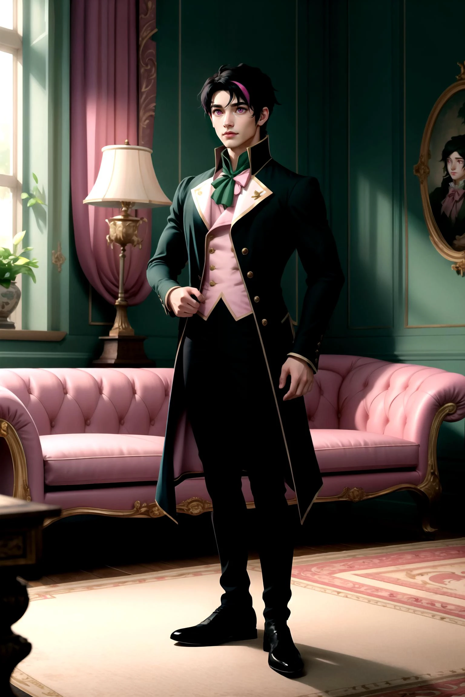 cartoon, picture-perfect, standing, 1boy, solo, full body, muscled, black hair with singular pink streak in hair, short hair, (pink eyes:1.2), (lieren:1), green and black with gold edging regency period suit, relaxed, confident, manor house, indoors, <lora:Regency_Period_SD1.5:0.8>, <lora:LIEREN:0.6>,
muscular, toned,
indoors, sitting-room,