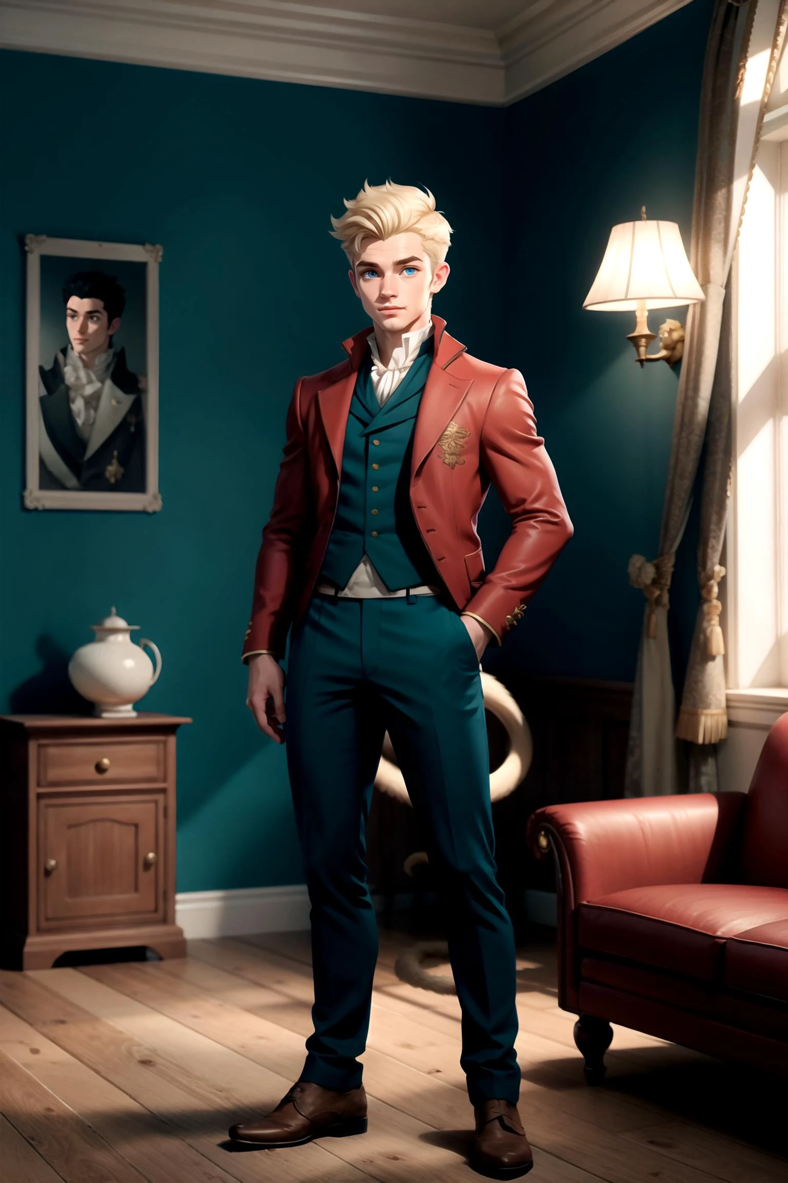 cartoon, picture-perfect, (standing), 1boy, solo, full body, muscled, blonde hair, short hair, (blue eyes, blonde monkey tail:1.3), (sun wukong from rwby:1), (crimson red jacket), white and [yellow] with red edging regency period suit, (blue pants), relaxed, confident, manor house, indoors, <lora:Regency_Period_SD1.5:0.8>,
muscular, toned,
indoors, sitting-room,