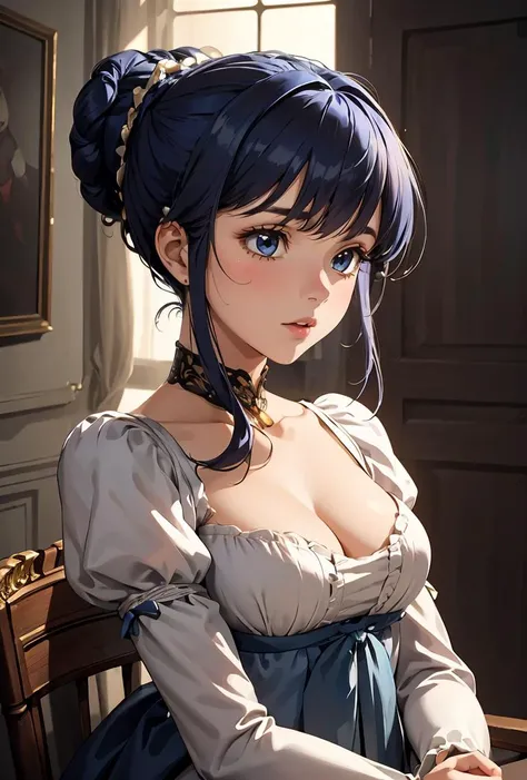 (masterpiece, best quality), 1girl, Ultramarine Twisted Updo with Hair Vine, tiny breasts, <lora:Regency_Period_SD1.5:0.8> regency period, regency period dress, regency period fashion, regency period outfit