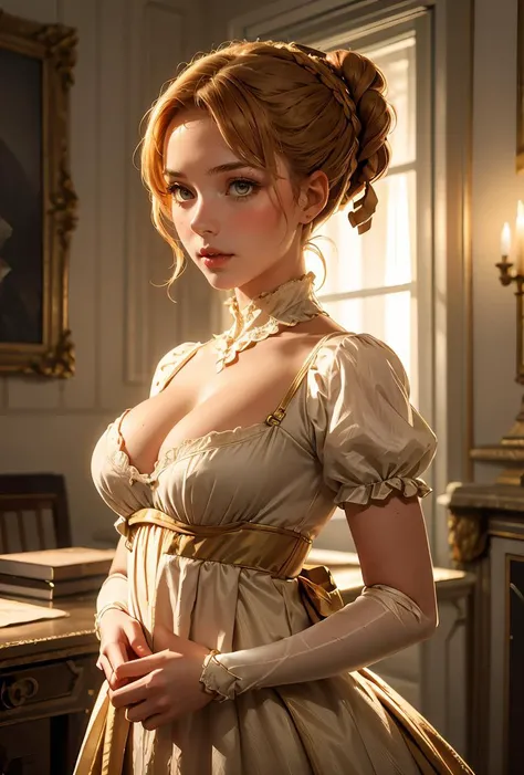 (masterpiece, best quality), 1girl, Copper Textured Quiff with Low Fade, Size B breasts, <lora:Regency_Period_SD1.5:0.8> regency period, regency period dress, regency period fashion, regency period outfit
