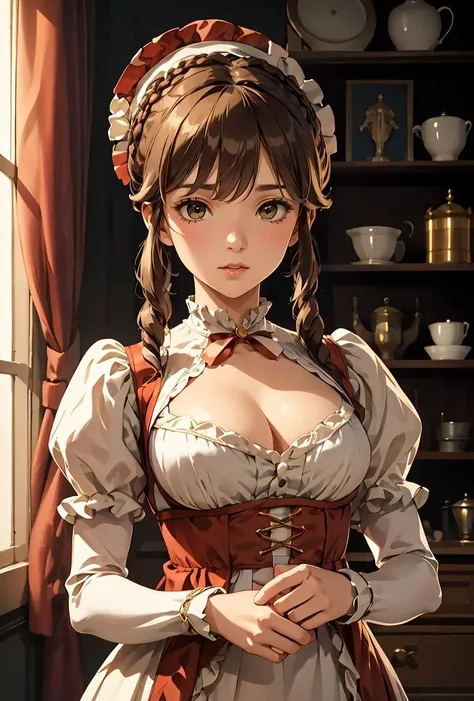 (masterpiece, best quality), 1girl, Tawny Dutch Side Braid with Decorative Pins, Sizes M to Z breasts, <lora:Regency_Period_SD1.5:0.8> regency period, regency period dress, regency period fashion, regency period outfit