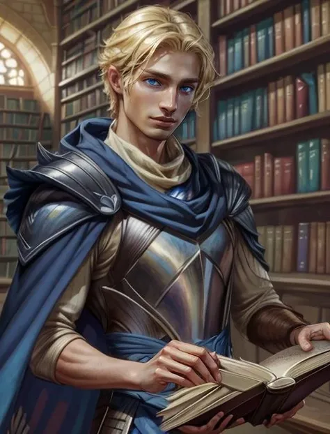 best quality, masterpiece, highres, detailed, digital artwork, <lora:Detail - add_detail:0.2>, <lora:Character - WillKenrith:0.8>, WillKenrith, blue eyes, blonde hair, armor, cape, 1man, library, studying, reading a book, holding a book,